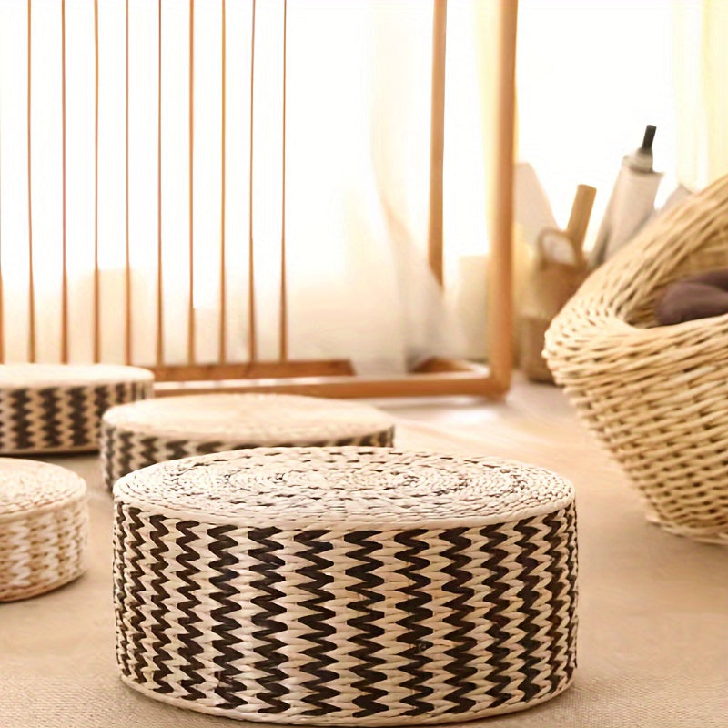 Circular Woven Pouf Floor Pillow for Meditation and Yoga Dandelion Pattern
