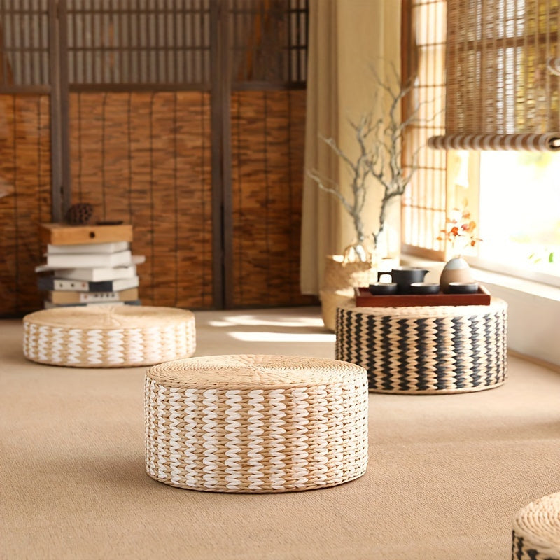 Circular Woven Pouf Floor Pillow for Meditation and Yoga Dandelion Pattern