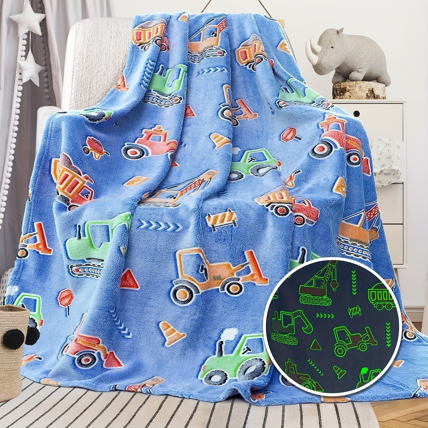 Fluorescent Flannel Blanket with Car Tractor Pattern Glow in Dark Throw for Couch Bed Sofa Camping