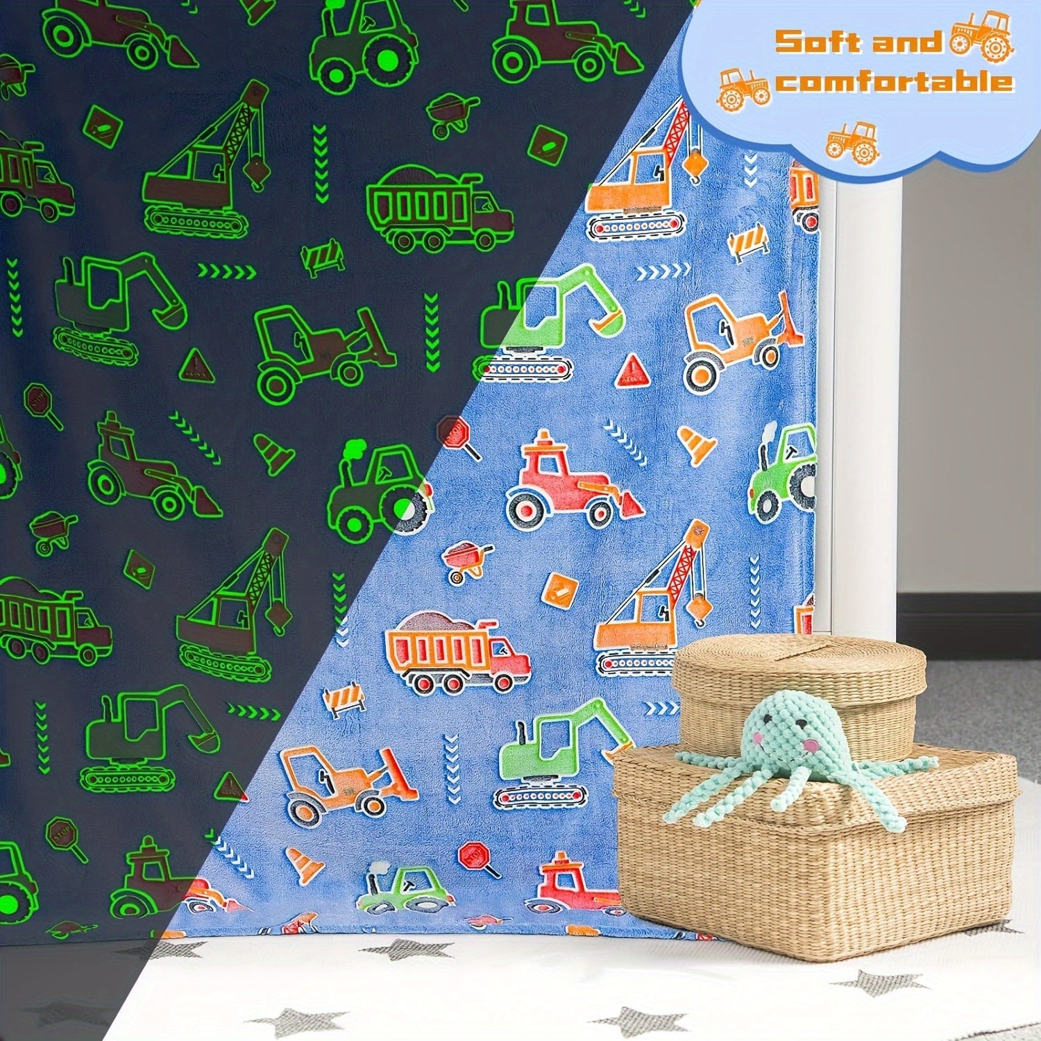 Fluorescent Flannel Blanket with Car Tractor Pattern Glow in Dark Throw for Couch Bed Sofa Camping
