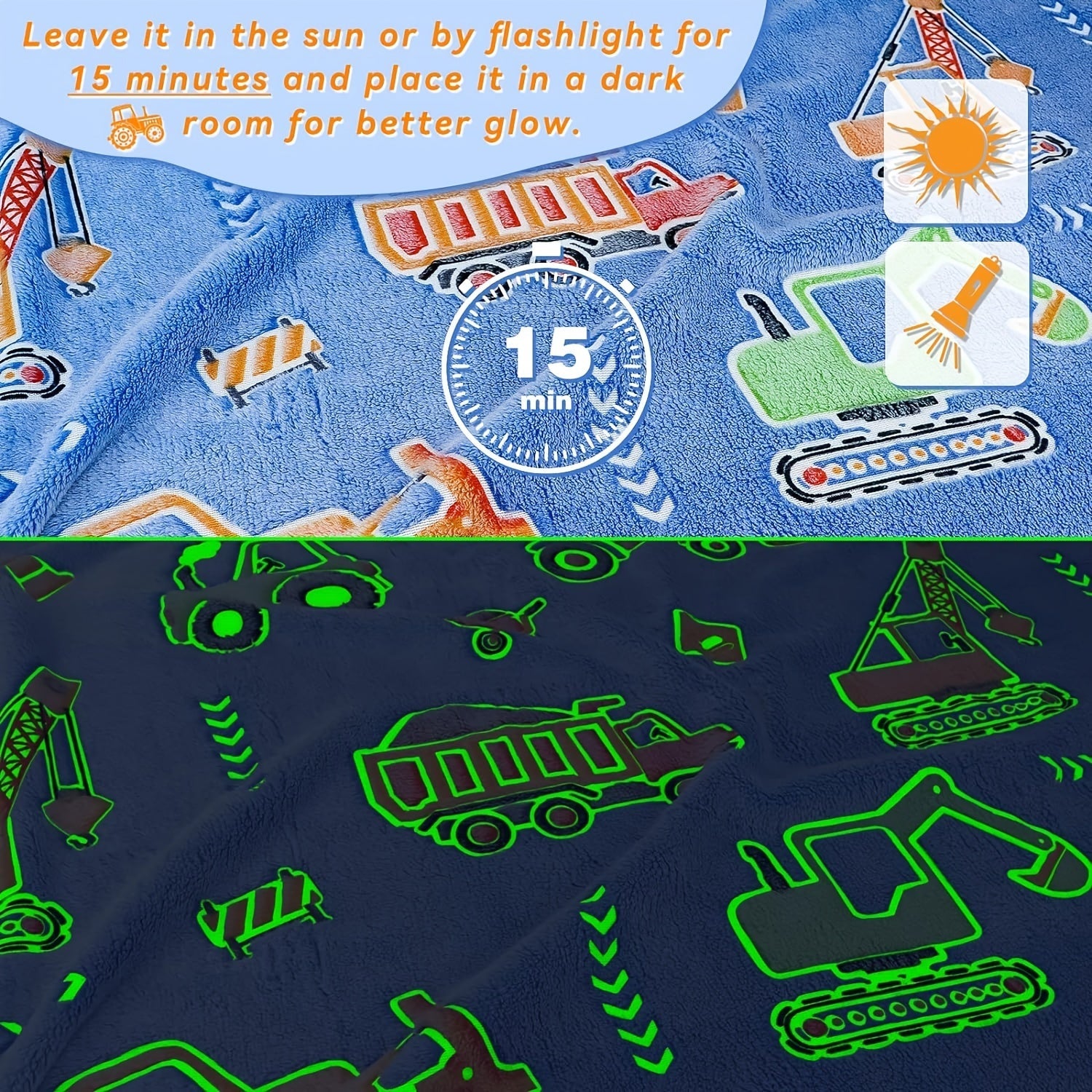 Fluorescent Flannel Blanket with Car Tractor Pattern Glow in Dark Throw for Couch Bed Sofa Camping