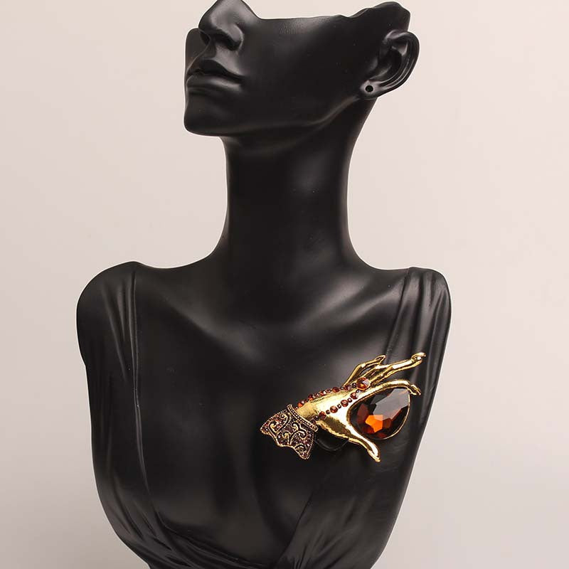 Enamel Hand-Shaped Brooch Pin with Rhinestone Detail for Parties and Casual Wear