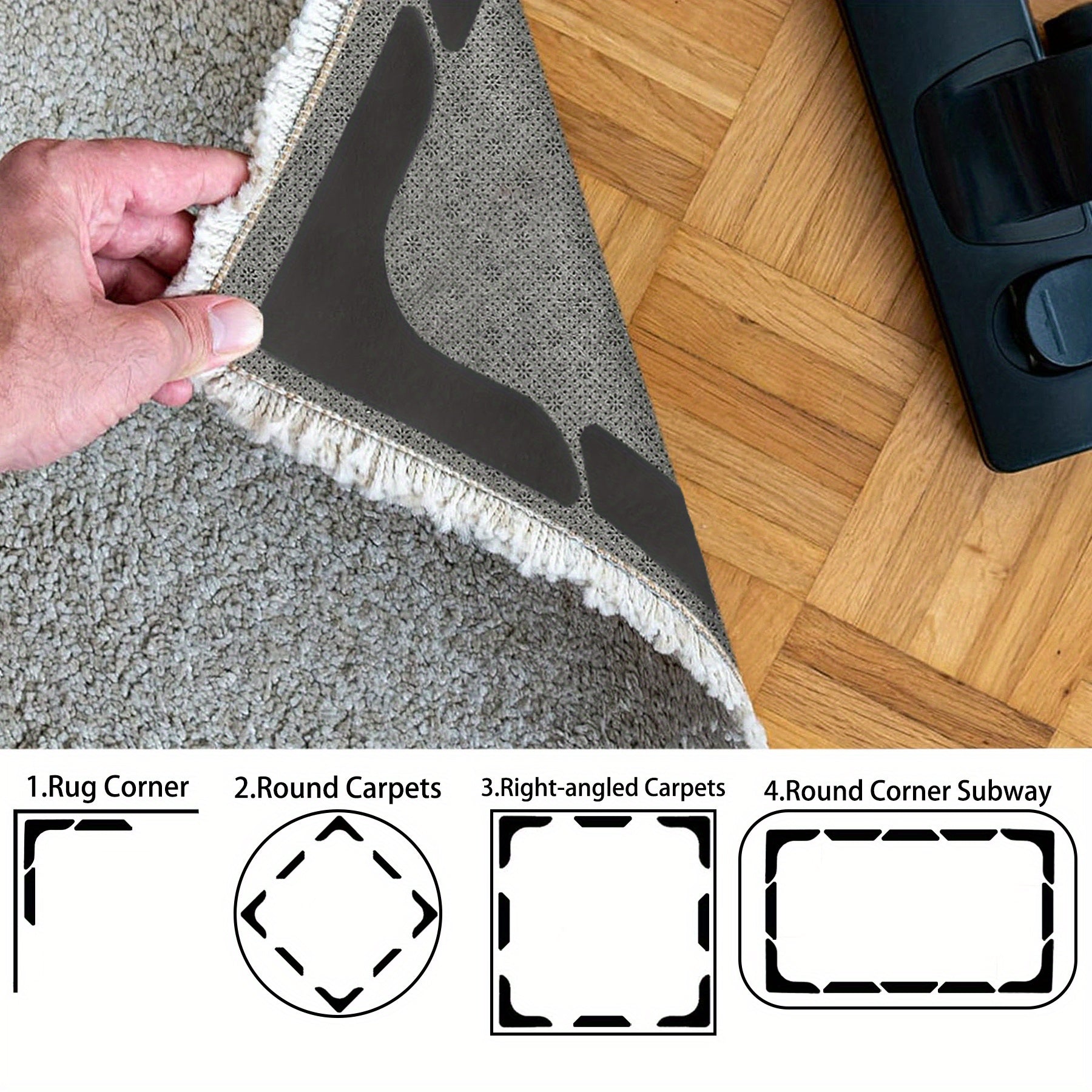 Package of 12 Non-Slip Rug Gripper Tape with Double-Sided Carpet Corner Grippers