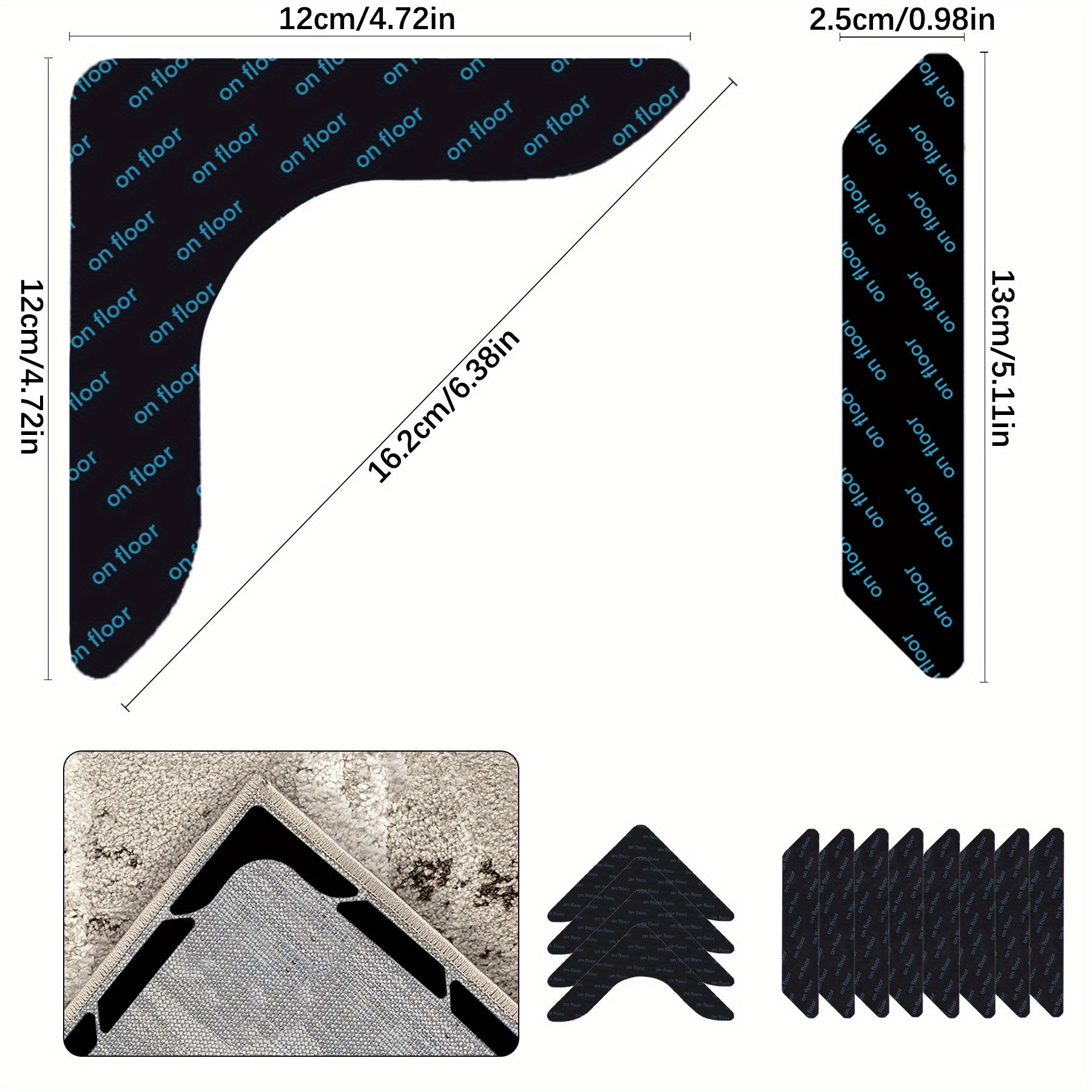 Package of 12 Non-Slip Rug Gripper Tape with Double-Sided Carpet Corner Grippers