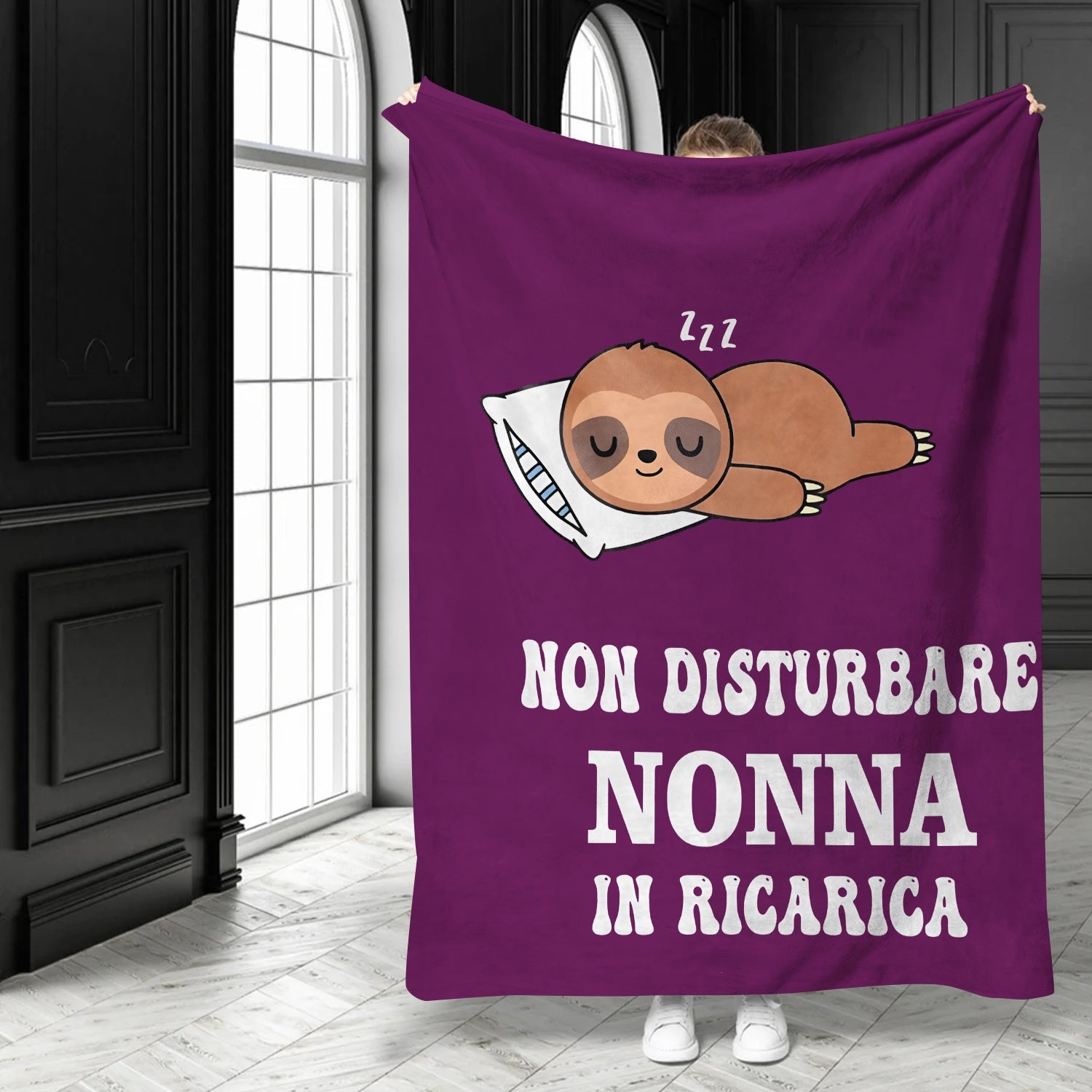 All-Season Flannel Throw Blanket with Italian Quote and Cartoon Sloth Design Lightweight Polyester Lodge Style