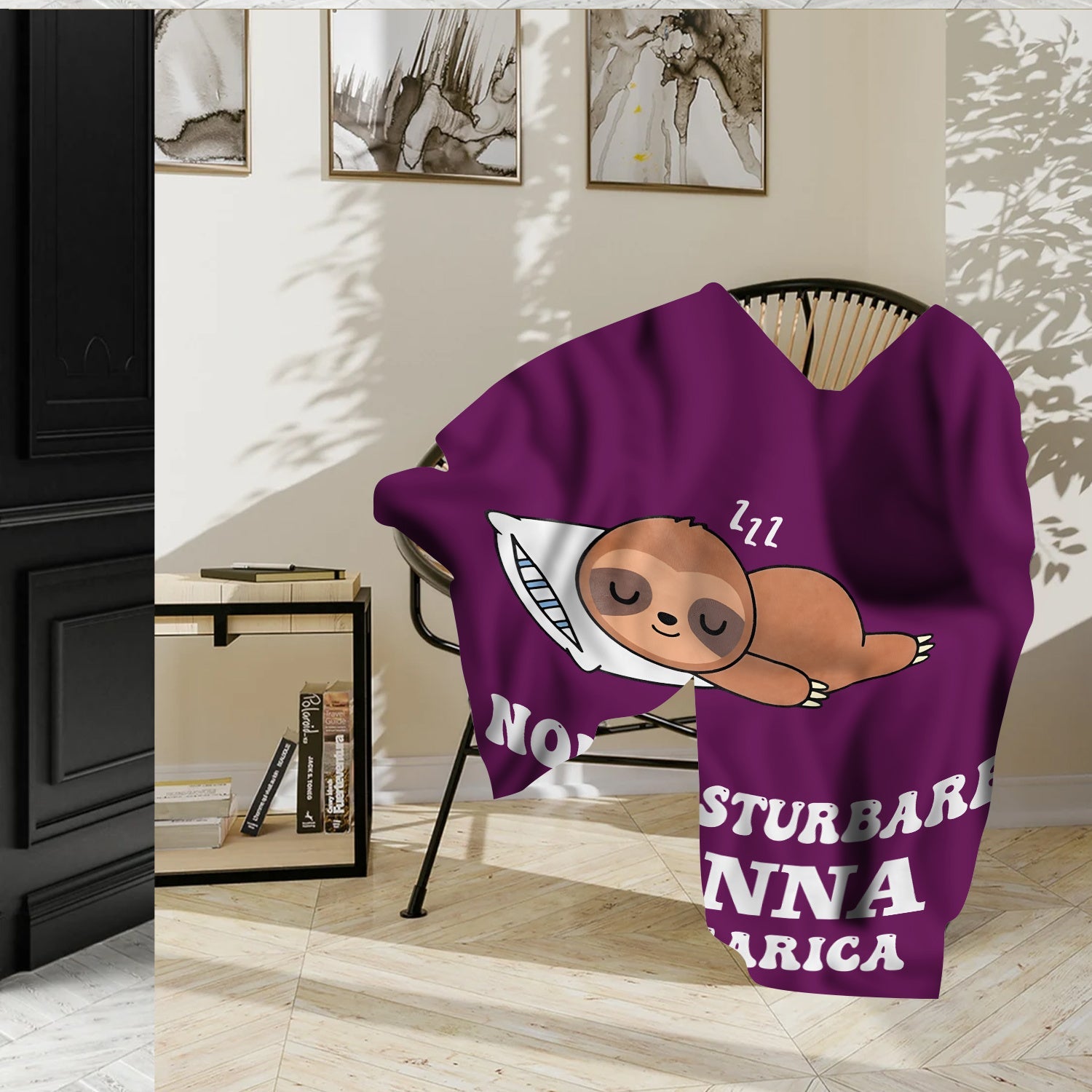 All-Season Flannel Throw Blanket with Italian Quote and Cartoon Sloth Design Lightweight Polyester Lodge Style