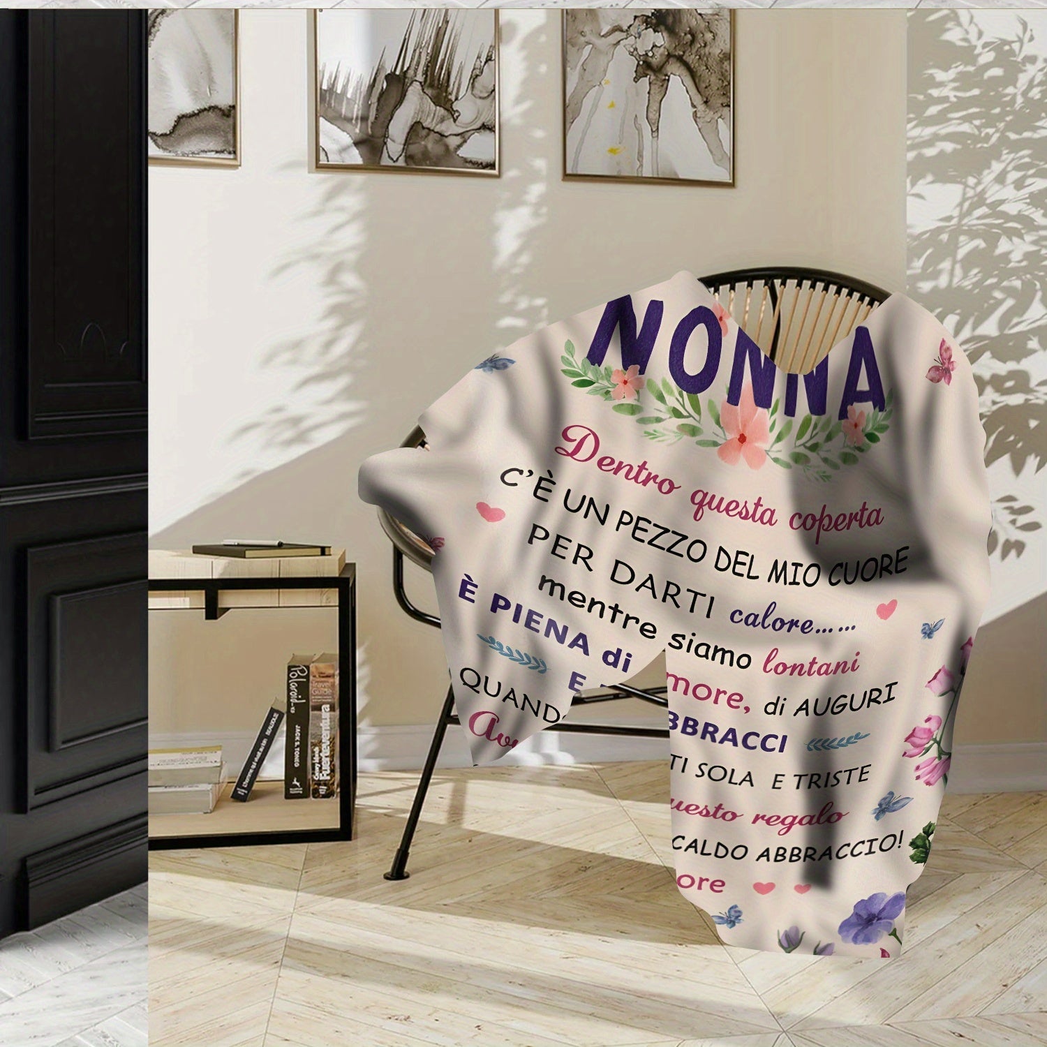 Shaxsiylashtirilgan matnli bosma bilan yumshoq italiyalik flanel ko'rpa, sovg'a sifatida mukammal.