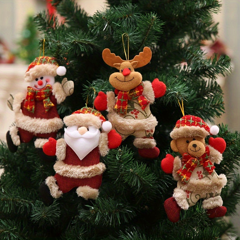 Set of 4 Christmas Tree Ornaments Santa Reindeer Snowman Teddy Bear Festive Fabric Door Hangers for Holiday Decor