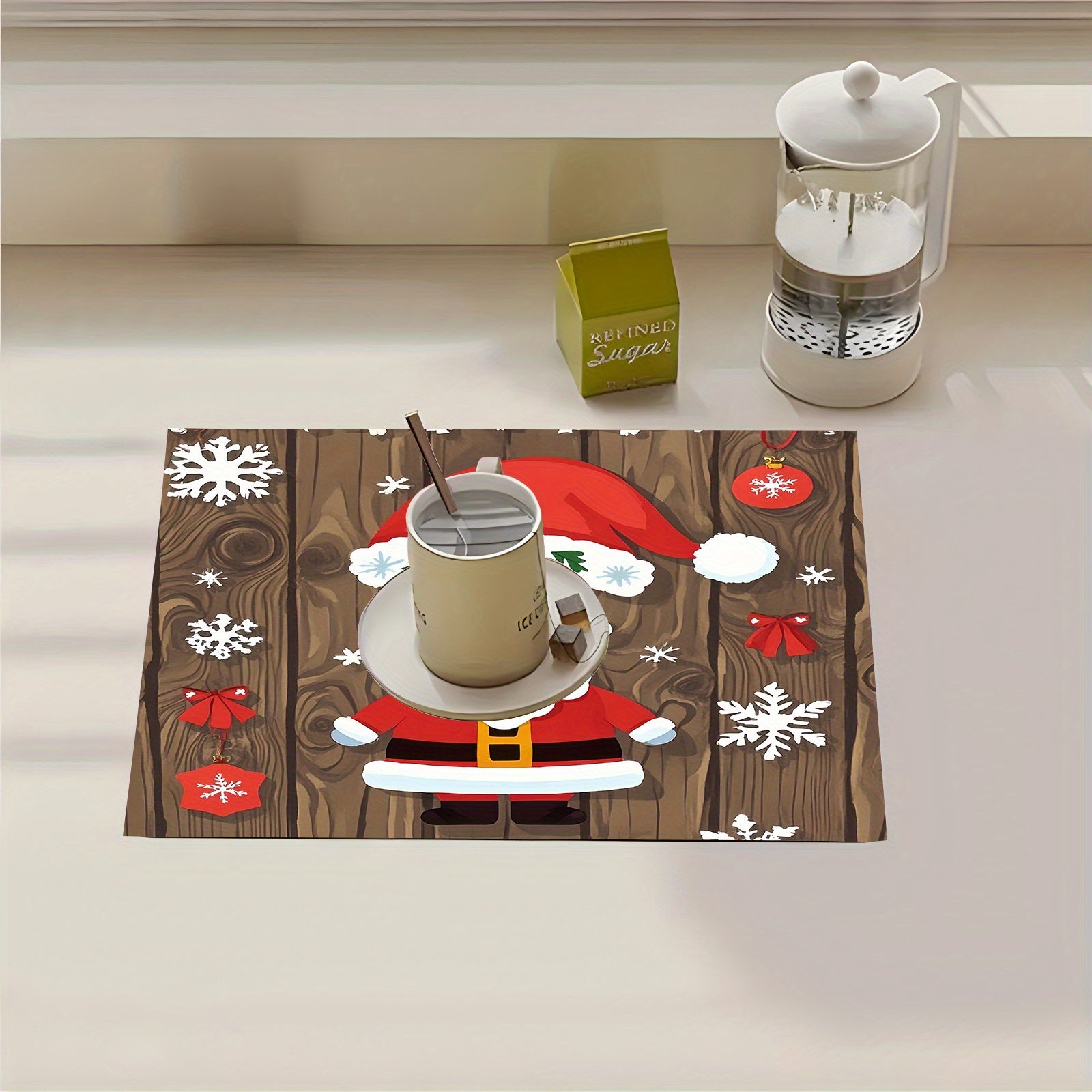 Festive Rubber Dish Drying Mat with Christmas Decorations and Holiday Design