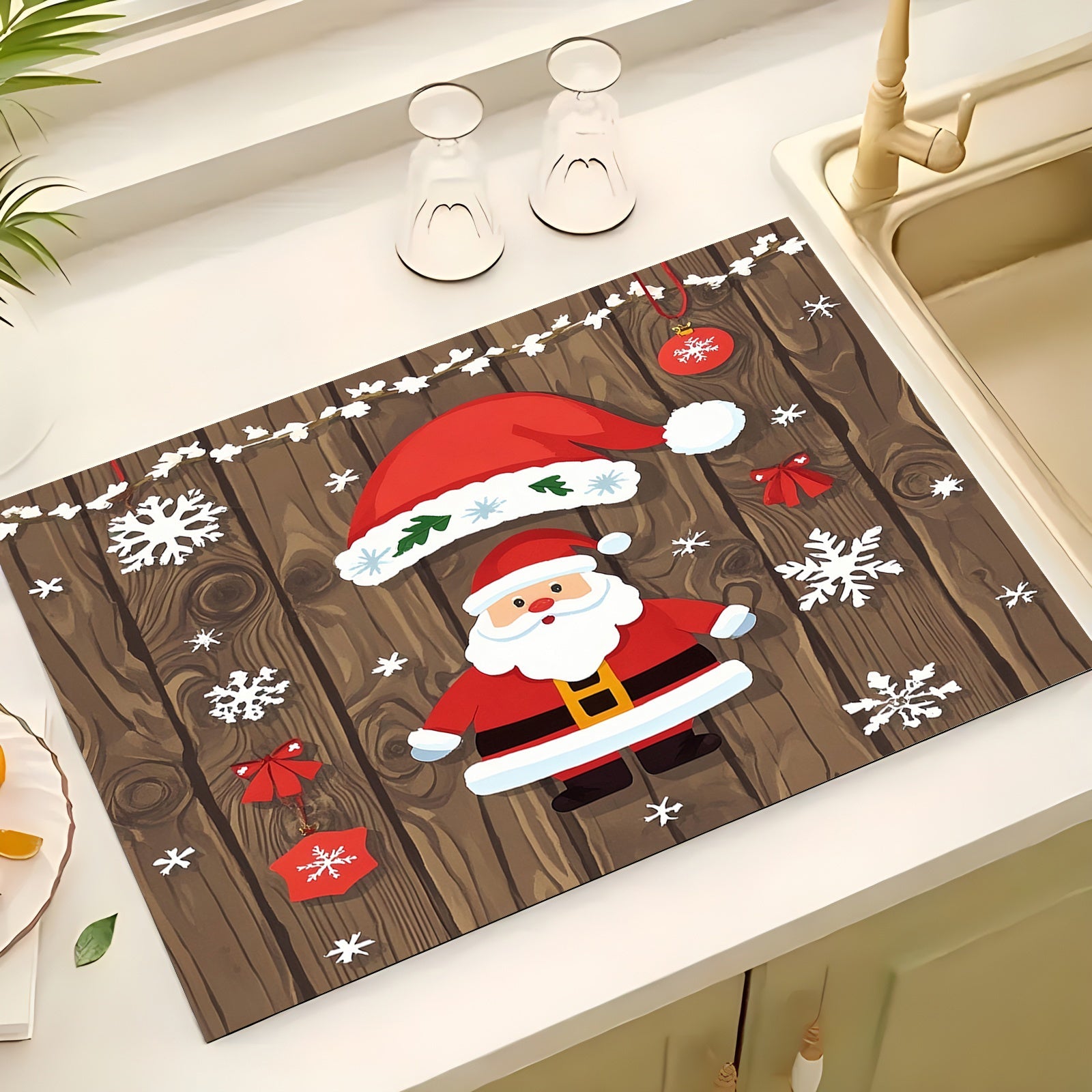 Festive Rubber Dish Drying Mat with Christmas Decorations and Holiday Design