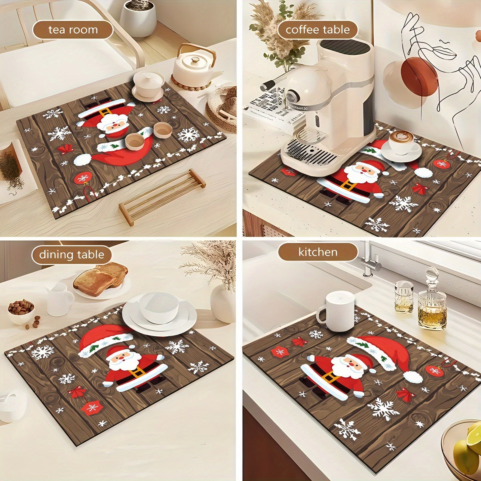 Festive Rubber Dish Drying Mat with Christmas Decorations and Holiday Design