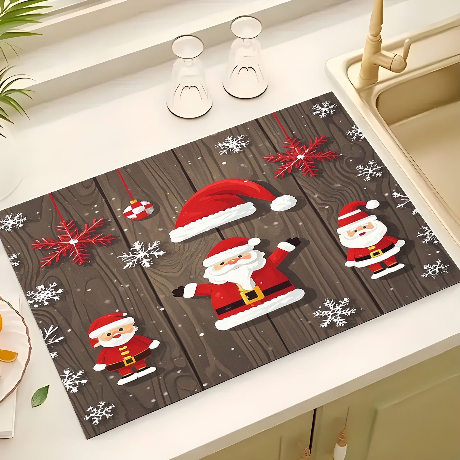 Christmas Dish Drying Mat with Holiday Decorations, Absorbent, Kitchen Accessory