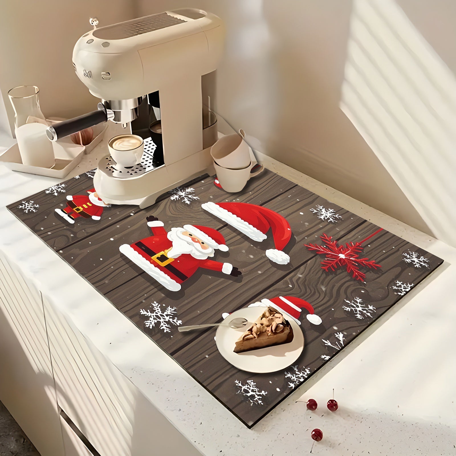 Christmas Dish Drying Mat with Holiday Decorations, Absorbent, Kitchen Accessory