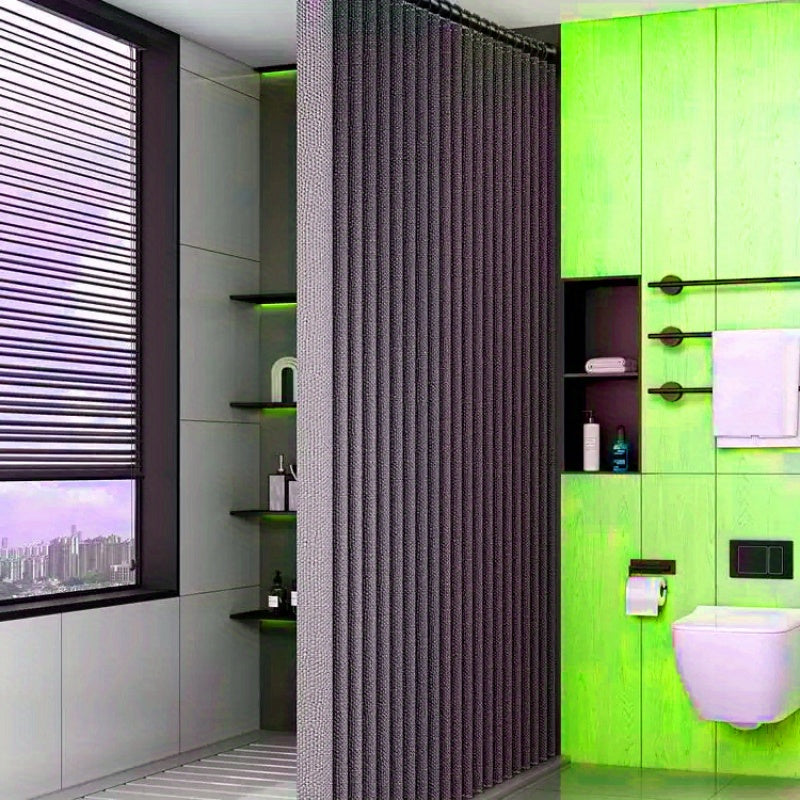 Shahar mavzusidagi suv o'tkazmaydigan sun'iy kətan dush pardasi, tutqichlar va magnit halqa bilan, faqat qo'l bilan yuvish, qisman astarlangan, oddiy to'qima, barcha mavsumlar uchun mos, hammom va mehmonxonalar uchun nam/quruq ajratish uchun ideal.