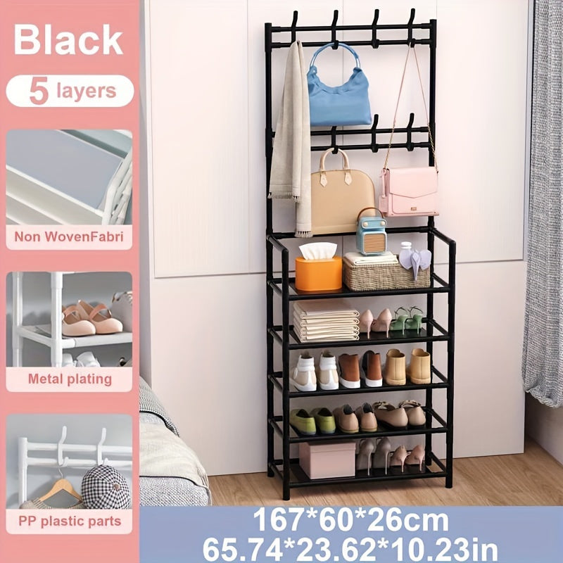 Premium Carbon Steel Coat Rack and Shoe Shelf Combo Black White Foldable Entryway Organizer