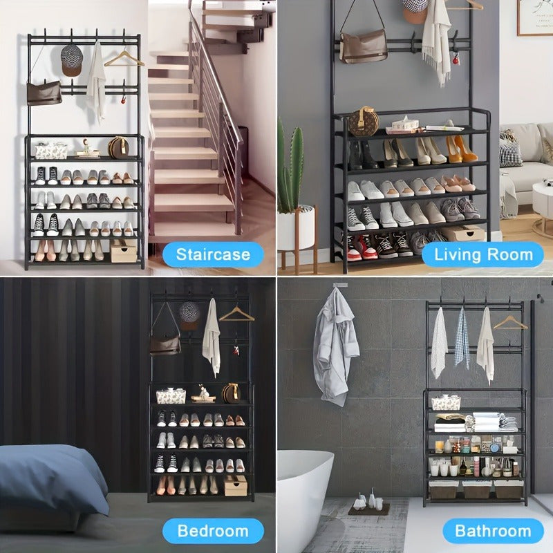 Premium Carbon Steel Coat Rack and Shoe Shelf Combo Black White Foldable Entryway Organizer