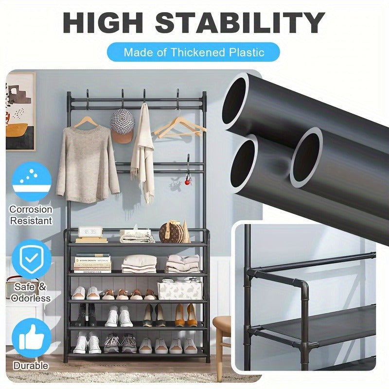 Premium Carbon Steel Coat Rack and Shoe Shelf Combo Black White Foldable Entryway Organizer