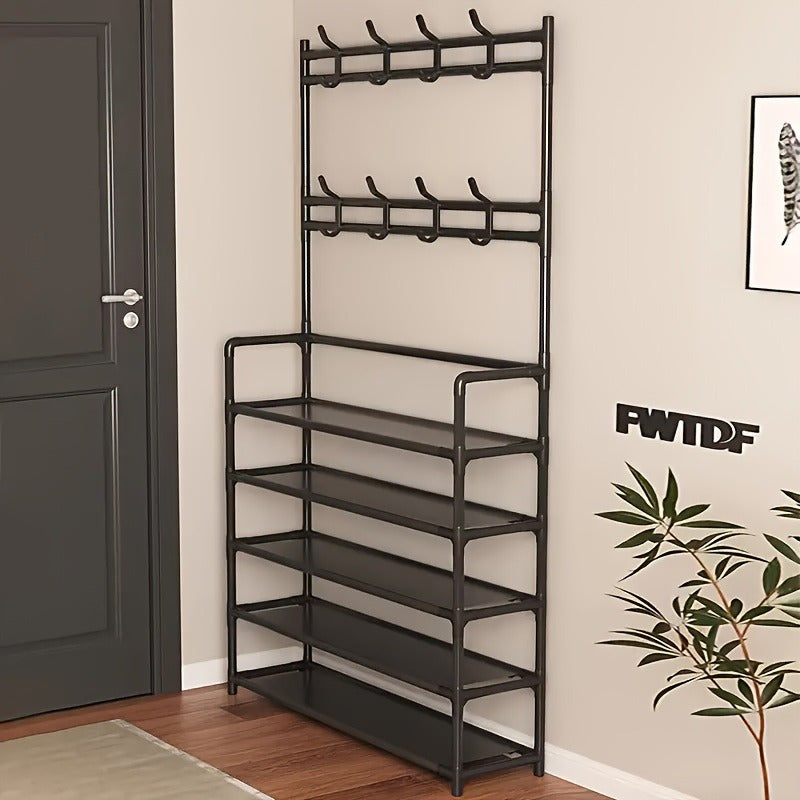 Premium Carbon Steel Coat Rack and Shoe Shelf Combo Black White Foldable Entryway Organizer