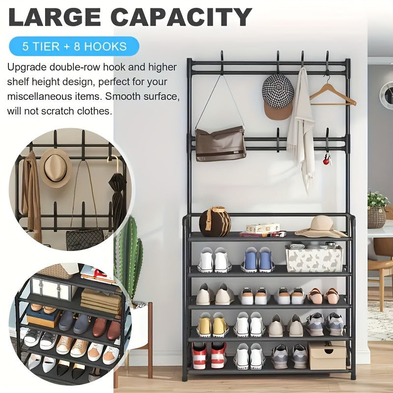 Premium Carbon Steel Coat Rack and Shoe Shelf Combo Black White Foldable Entryway Organizer