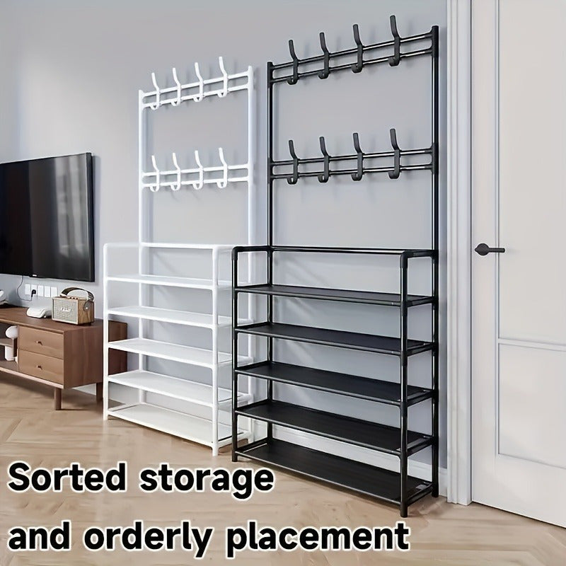 Premium Carbon Steel Coat Rack and Shoe Shelf Combo Black White Foldable Entryway Organizer