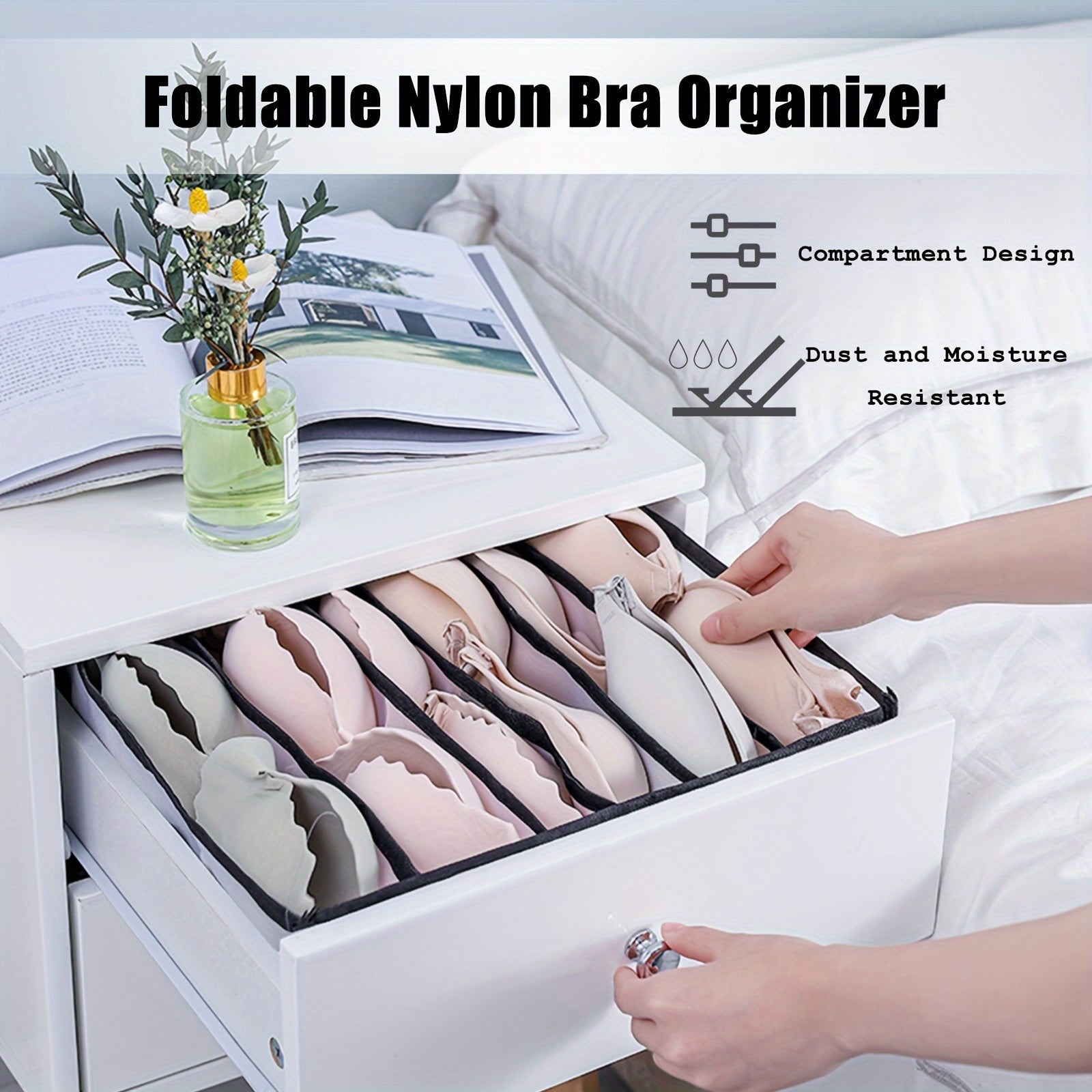Juego de 6 organizadores de nylon plegables para cajones para sujetadores, ropa interior, calcetines, negro