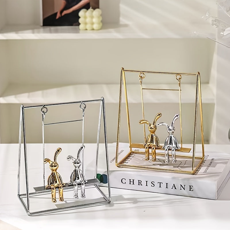 Golden and Silver Sitting Rabbit Figurines Set for Home Office Decor