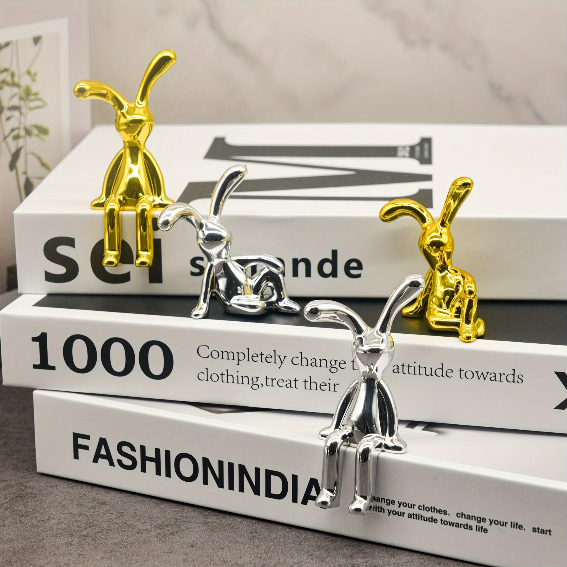 Golden and Silver Sitting Rabbit Figurines Set for Home Office Decor