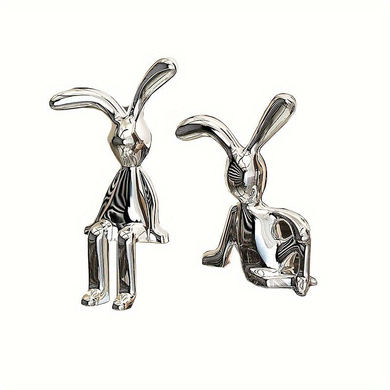 Golden and Silver Sitting Rabbit Figurines Set for Home Office Decor