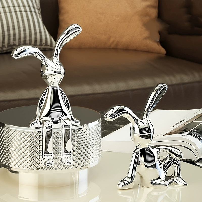 Golden and Silver Sitting Rabbit Figurines Set for Home Office Decor