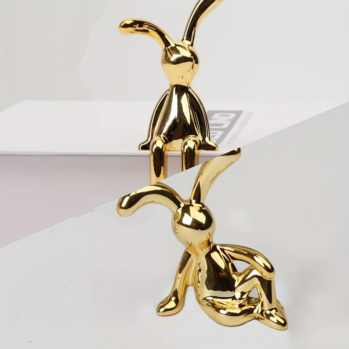 Golden and Silver Sitting Rabbit Figurines Set for Home Office Decor