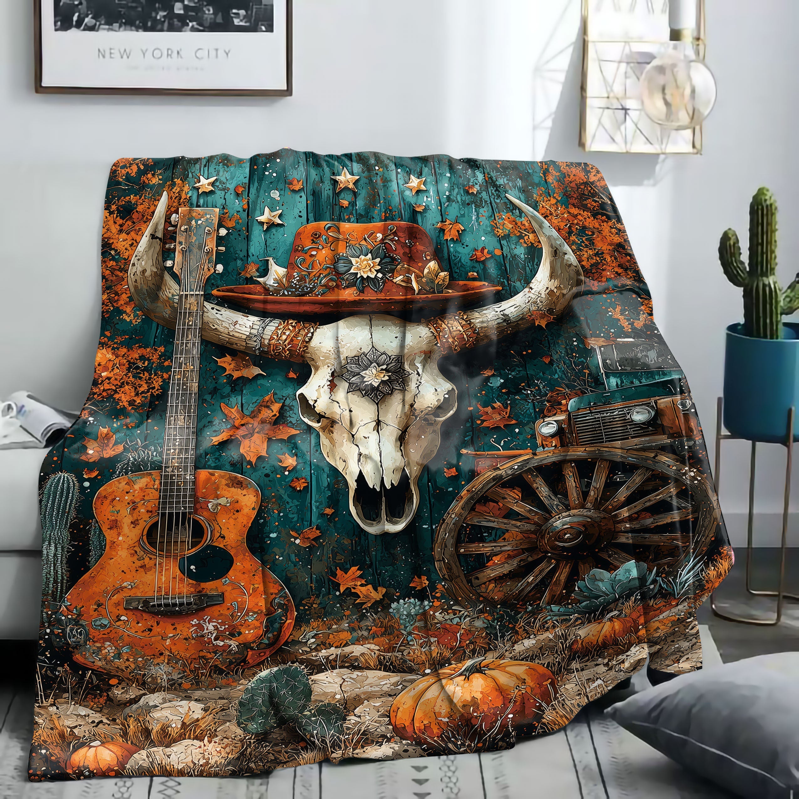 Watercolor Western Cowboy Print Flannel Throw Blanket Soft Cozy All-Season Polyester Knitted Bed Sofa Camping