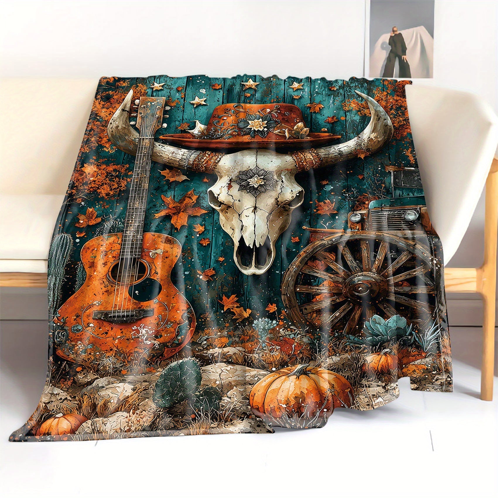 Watercolor Western Cowboy Print Flannel Throw Blanket Soft Cozy All-Season Polyester Knitted Bed Sofa Camping