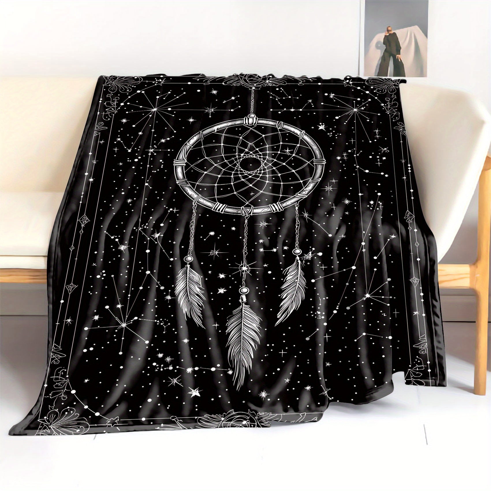 Black and White Dream Catcher Print Flannel Blanket Soft Throw for Bed Sofa Camping