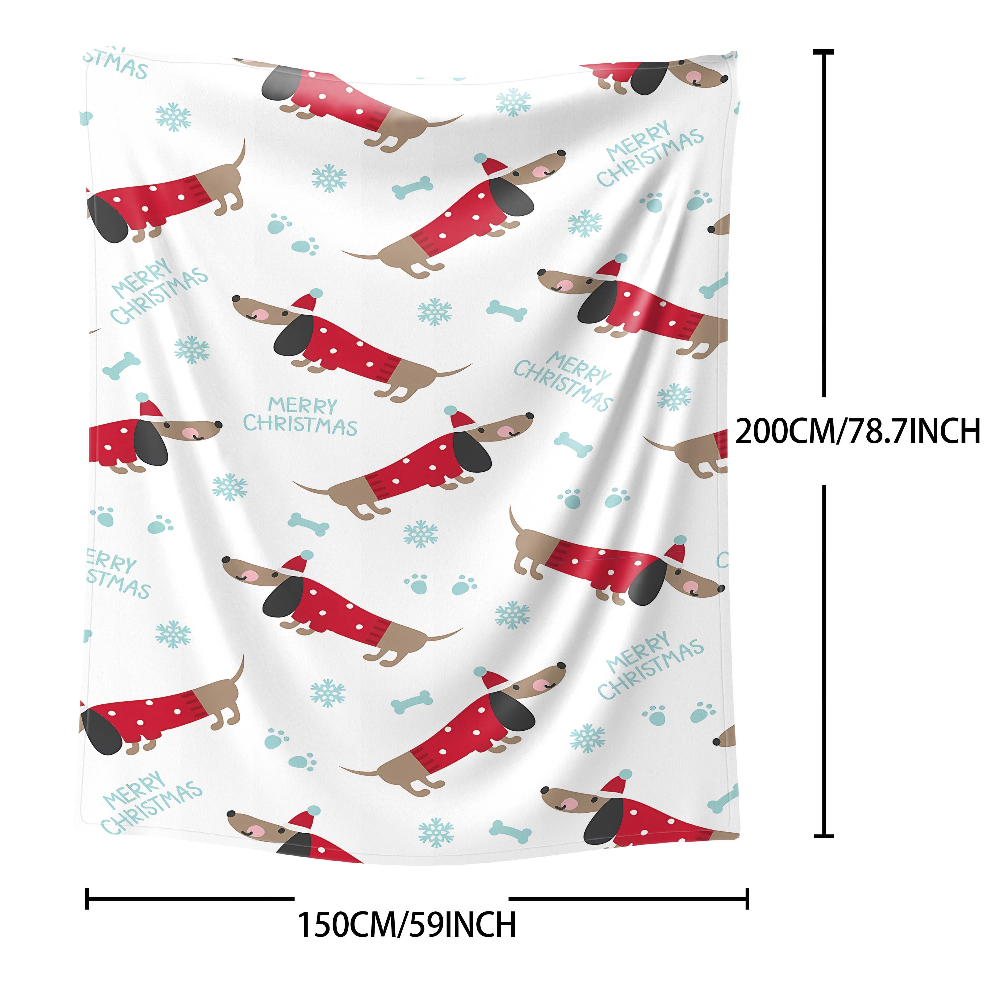 Mid-Century Modern Dachshund Christmas Throw Blanket Flannel Polyester Cartoon Dog All-Season