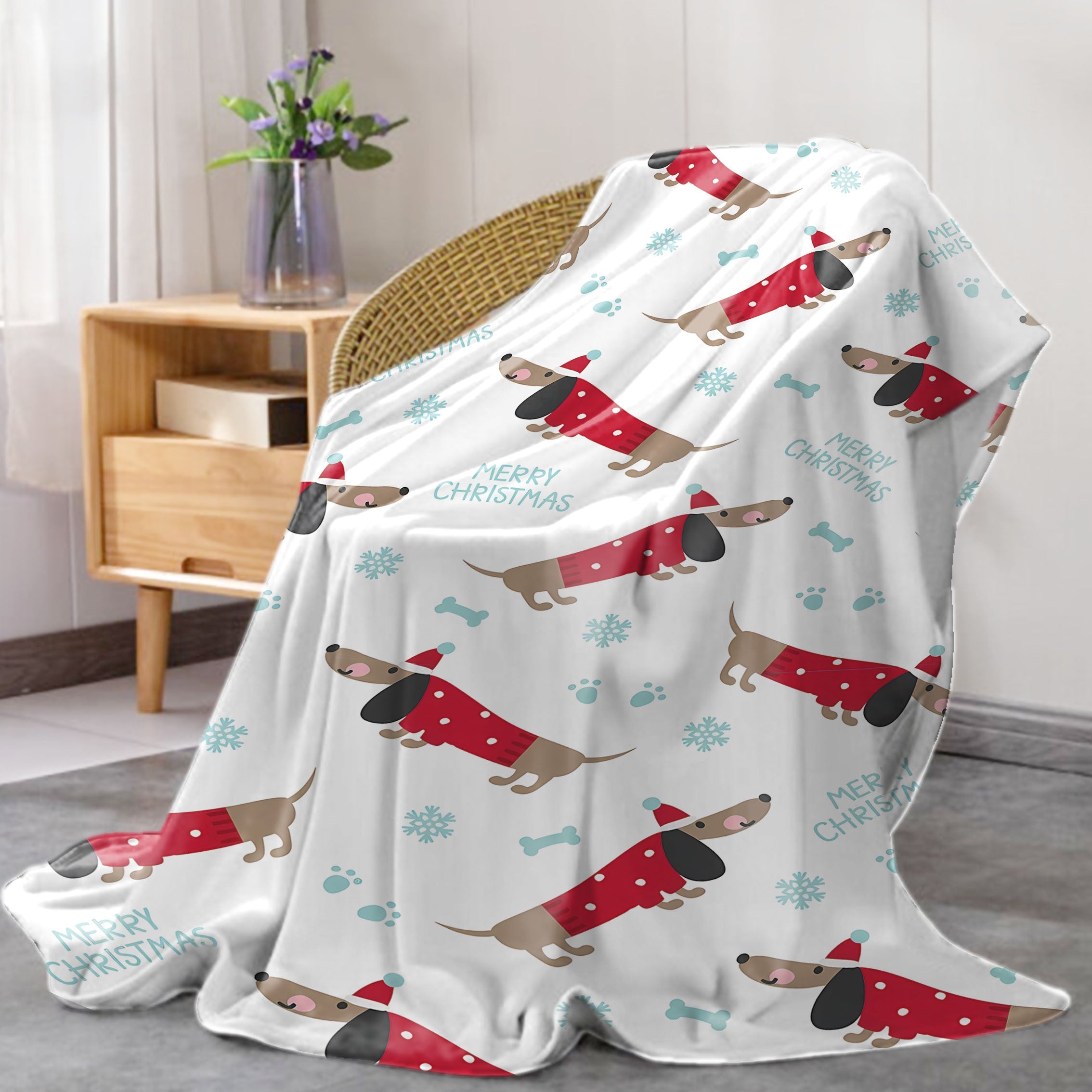 Mid-Century Modern Dachshund Christmas Throw Blanket Flannel Polyester Cartoon Dog All-Season