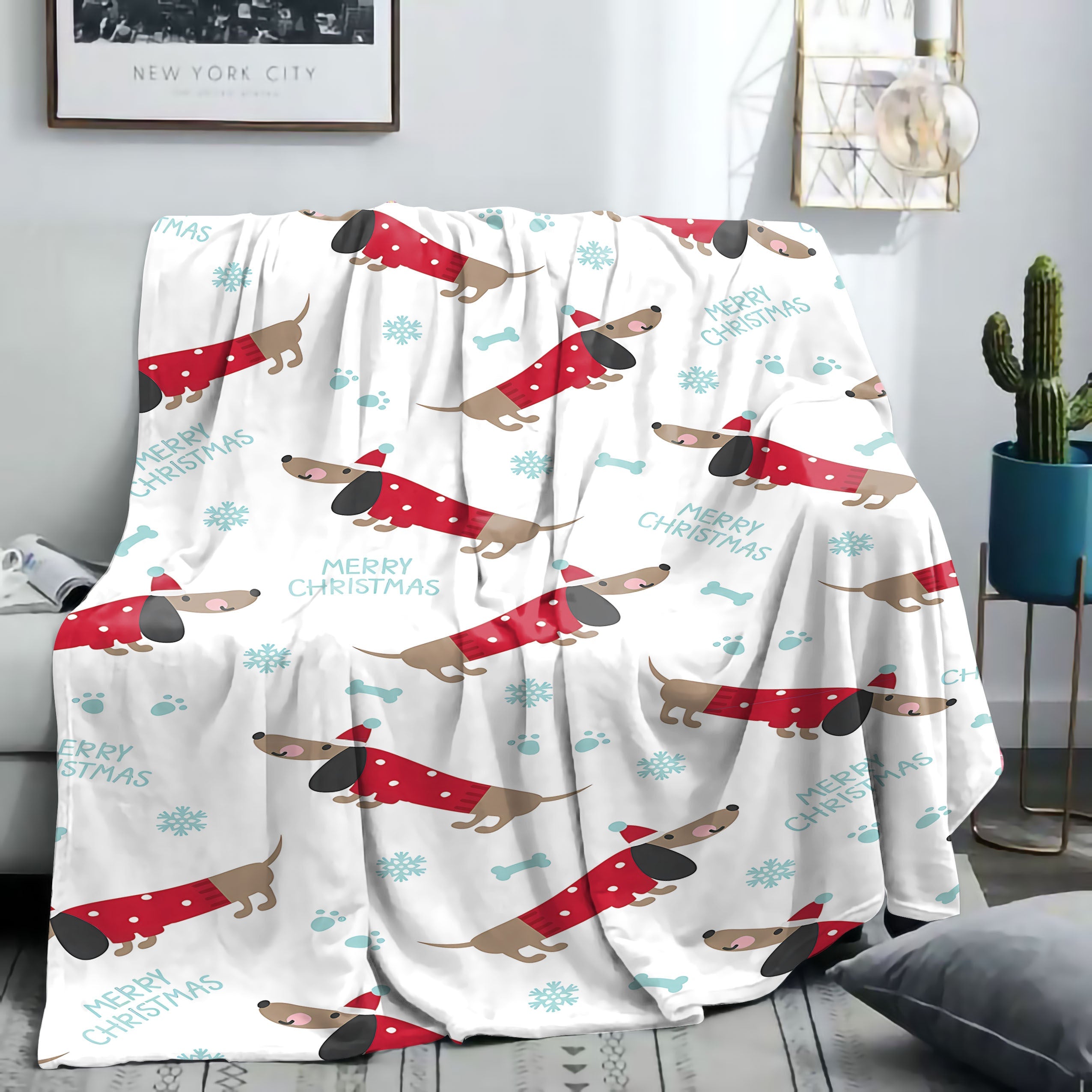 Mid-Century Modern Dachshund Christmas Throw Blanket Flannel Polyester Cartoon Dog All-Season