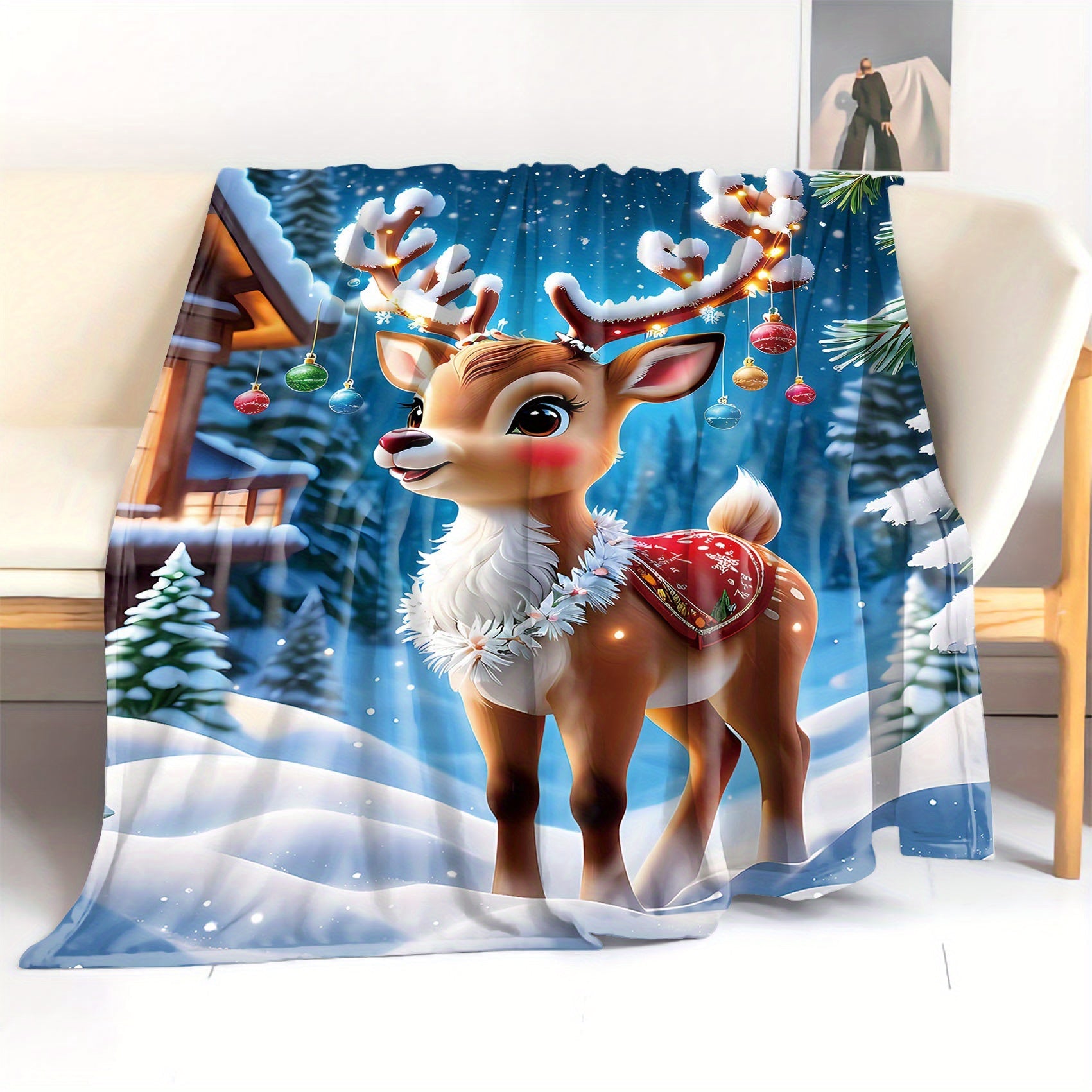 Cozy Christmas Moose Flannel Blanket Mid-Century Style Polyester Lightweight