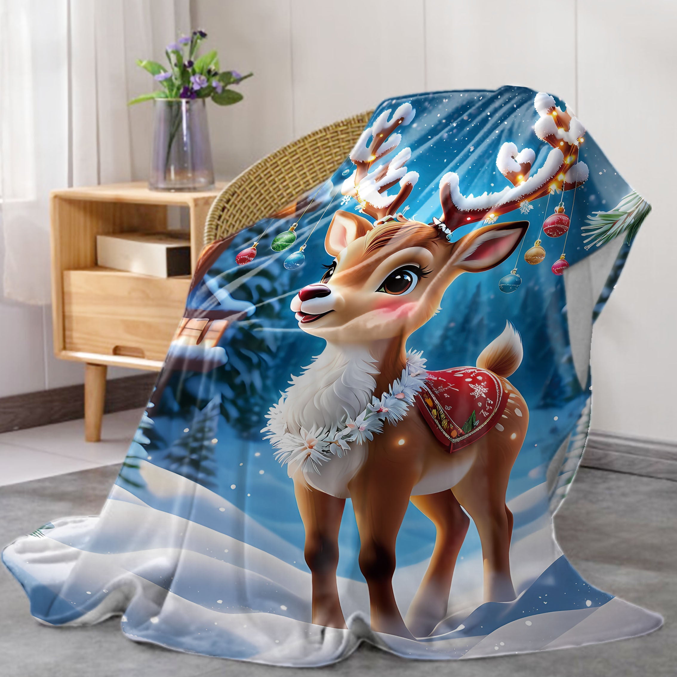 Cozy Christmas Moose Flannel Blanket Mid-Century Style Polyester Lightweight