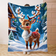Cozy Christmas Moose Flannel Blanket Mid-Century Style Polyester Lightweight