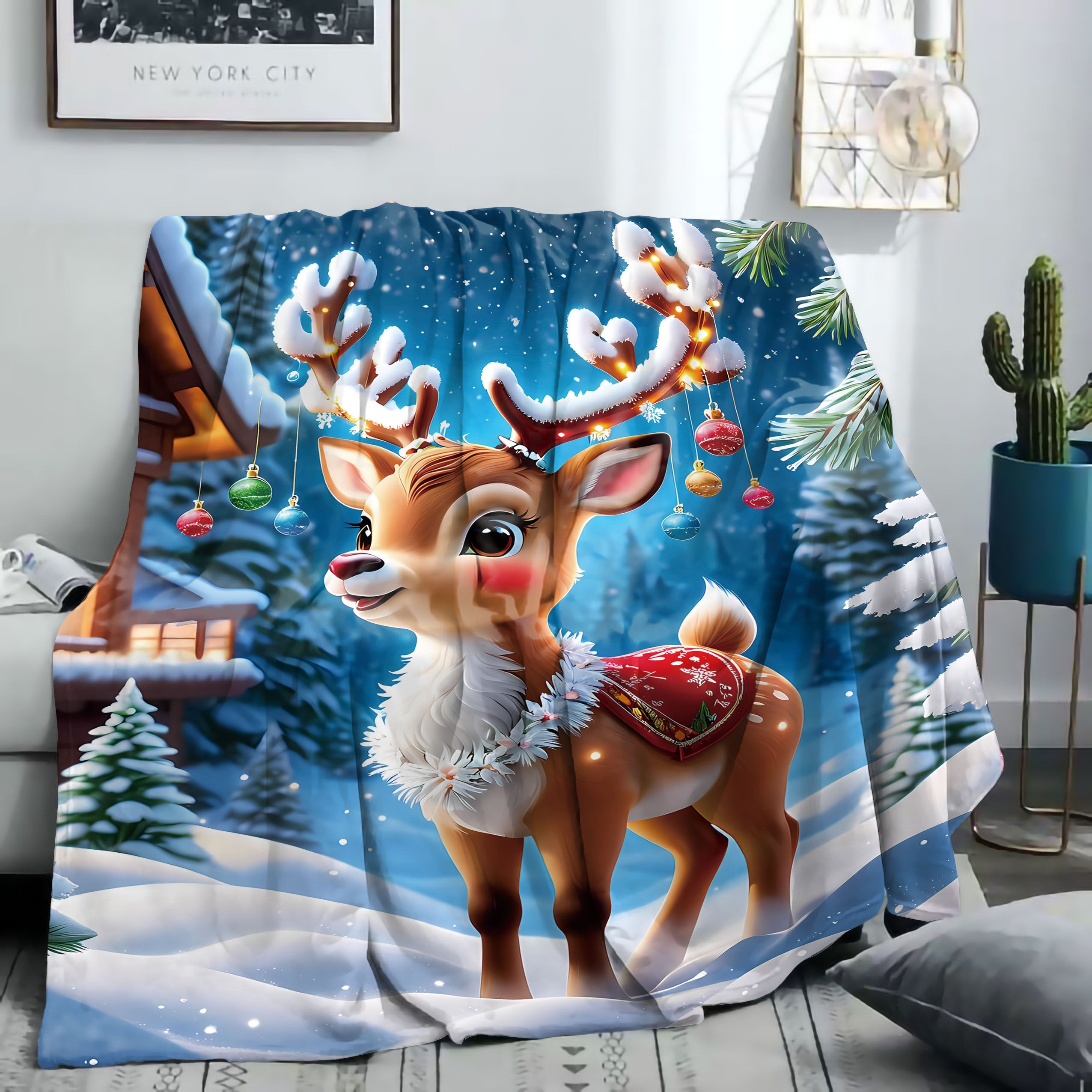 Cozy Christmas Moose Flannel Blanket Mid-Century Style Polyester Lightweight