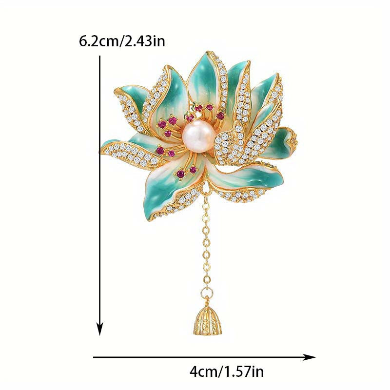 Women’s Enamel Lotus Flower Brooch with Pearl and Tassel Jewelry Accessory
