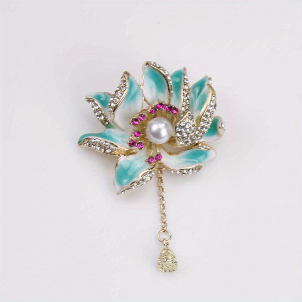 Women’s Enamel Lotus Flower Brooch with Pearl and Tassel Jewelry Accessory