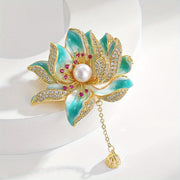 Women’s Enamel Lotus Flower Brooch with Pearl and Tassel Jewelry Accessory
