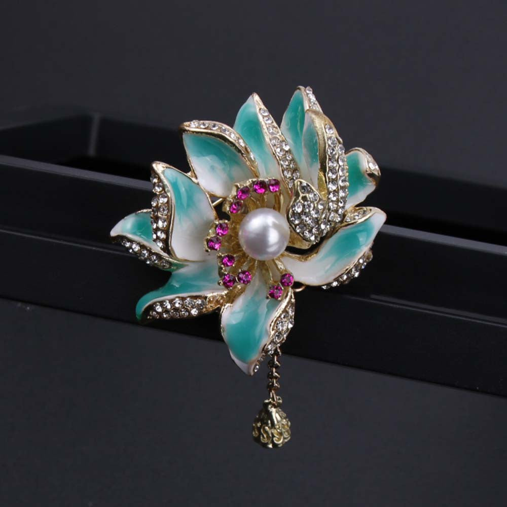 Women’s Enamel Lotus Flower Brooch with Pearl and Tassel Jewelry Accessory
