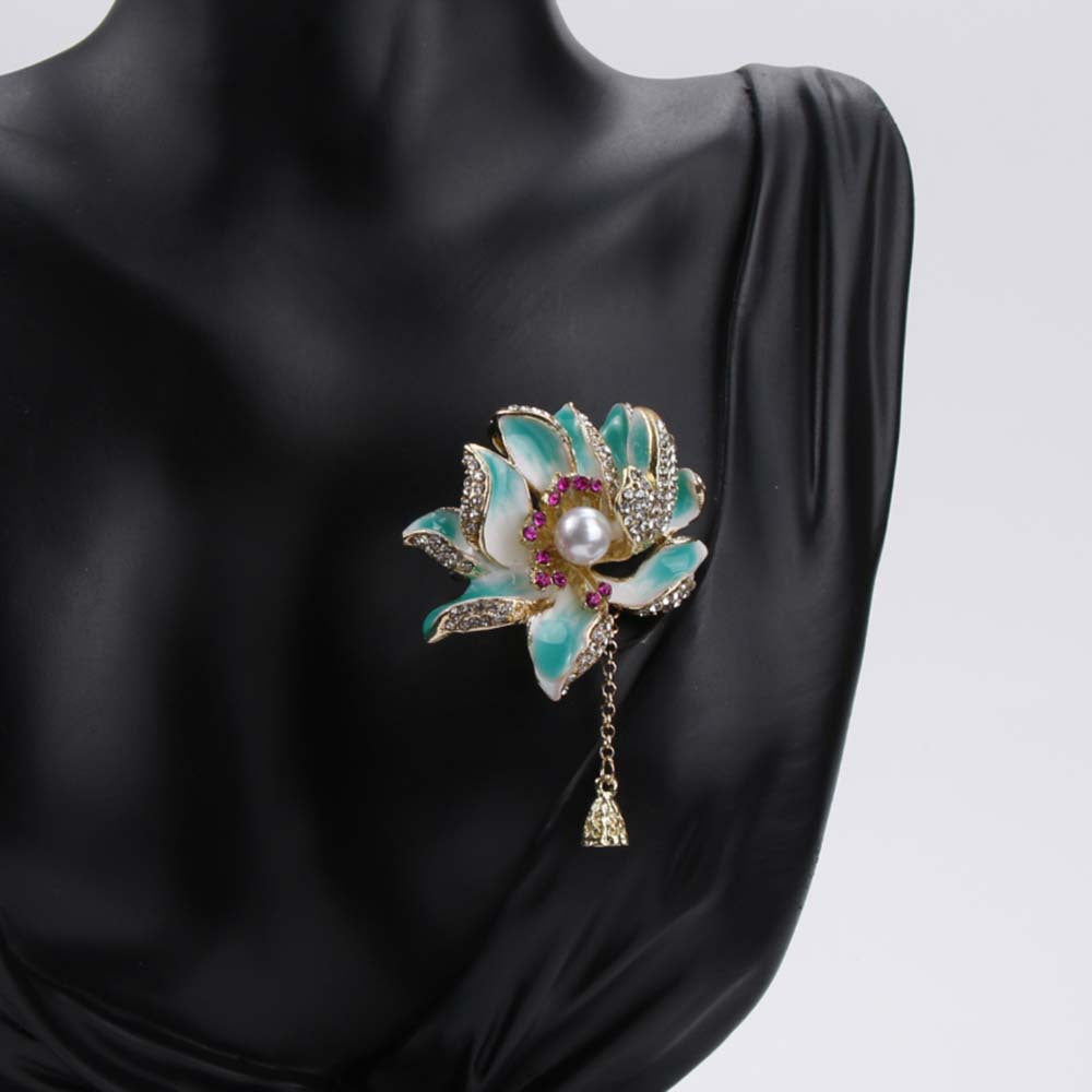 Women’s Enamel Lotus Flower Brooch with Pearl and Tassel Jewelry Accessory