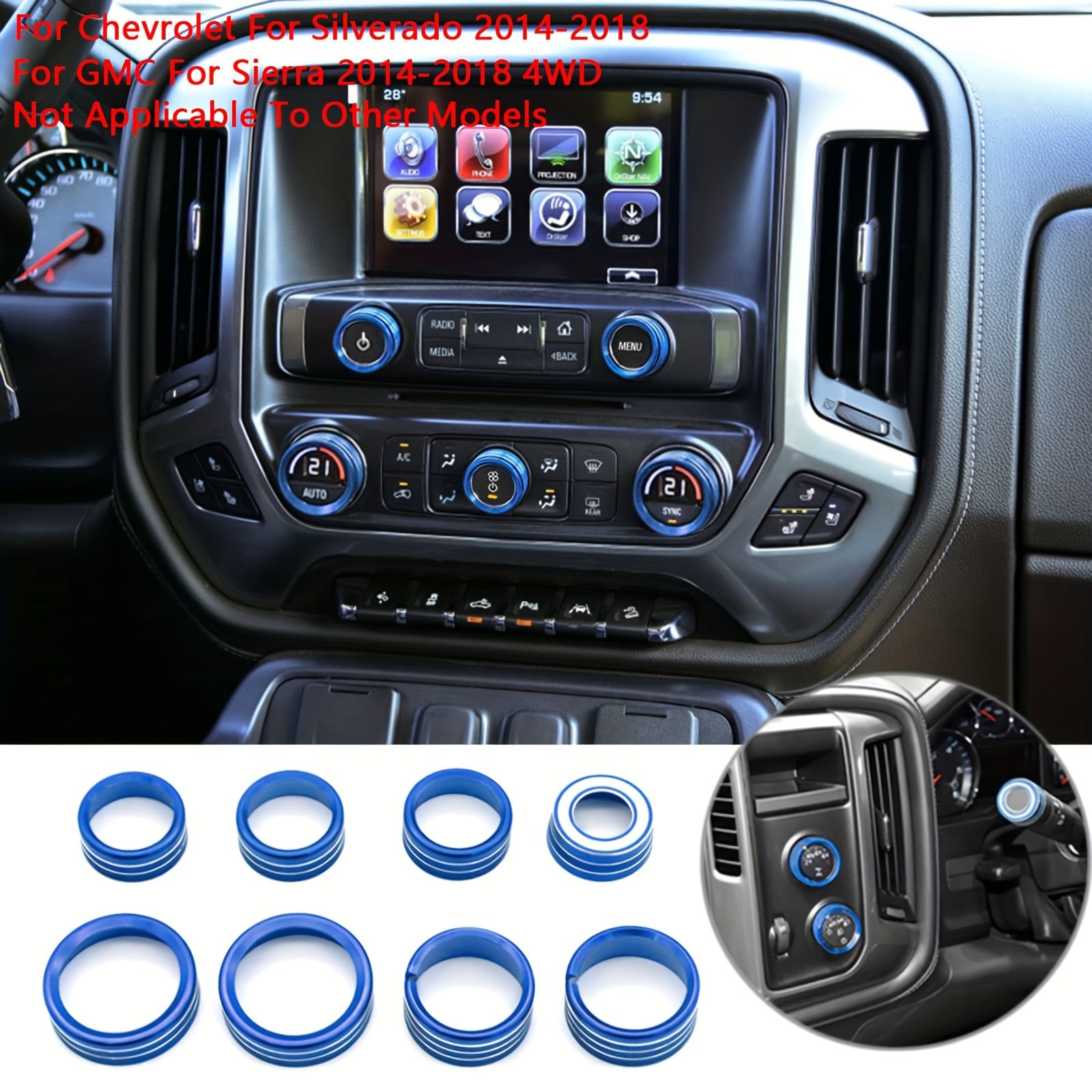 8pcs Aluminum AC Control Knob Ring Set for Car Interior Decoration Red Blue