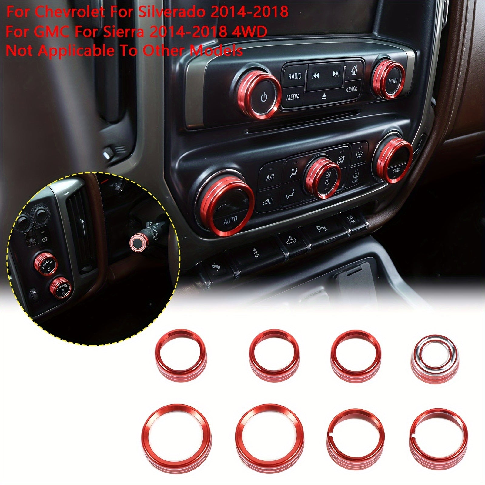 8pcs Aluminum AC Control Knob Ring Set for Car Interior Decoration Red Blue