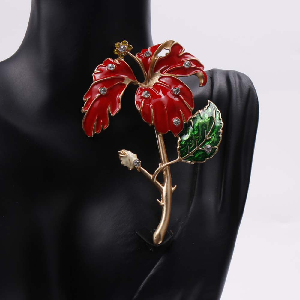 Red Enamel Flower Brooch for Women Elegant Jewelry Gift