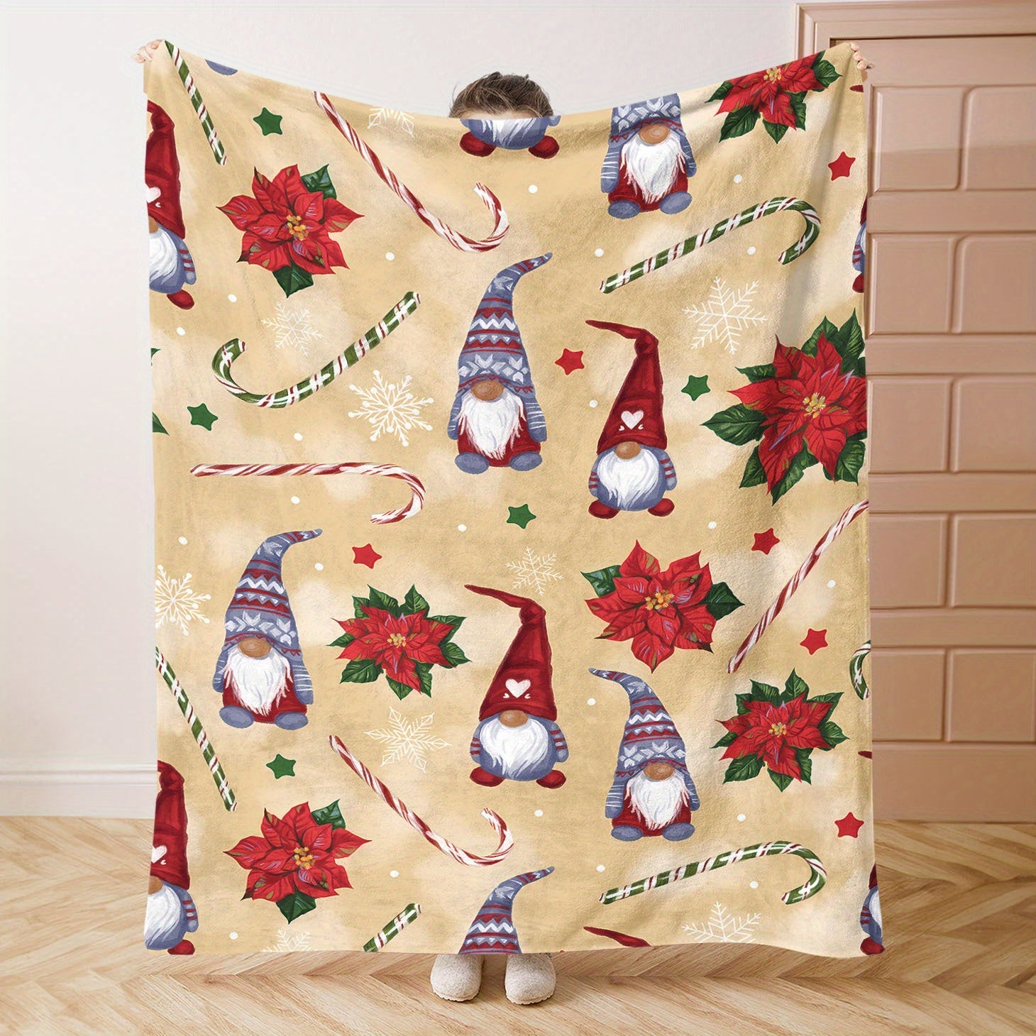 Mid-Century Style Christmas Gnome Flannel Throw Blanket Soft Cozy Knitted Polyester Bed Sofa Office Camping All-Season