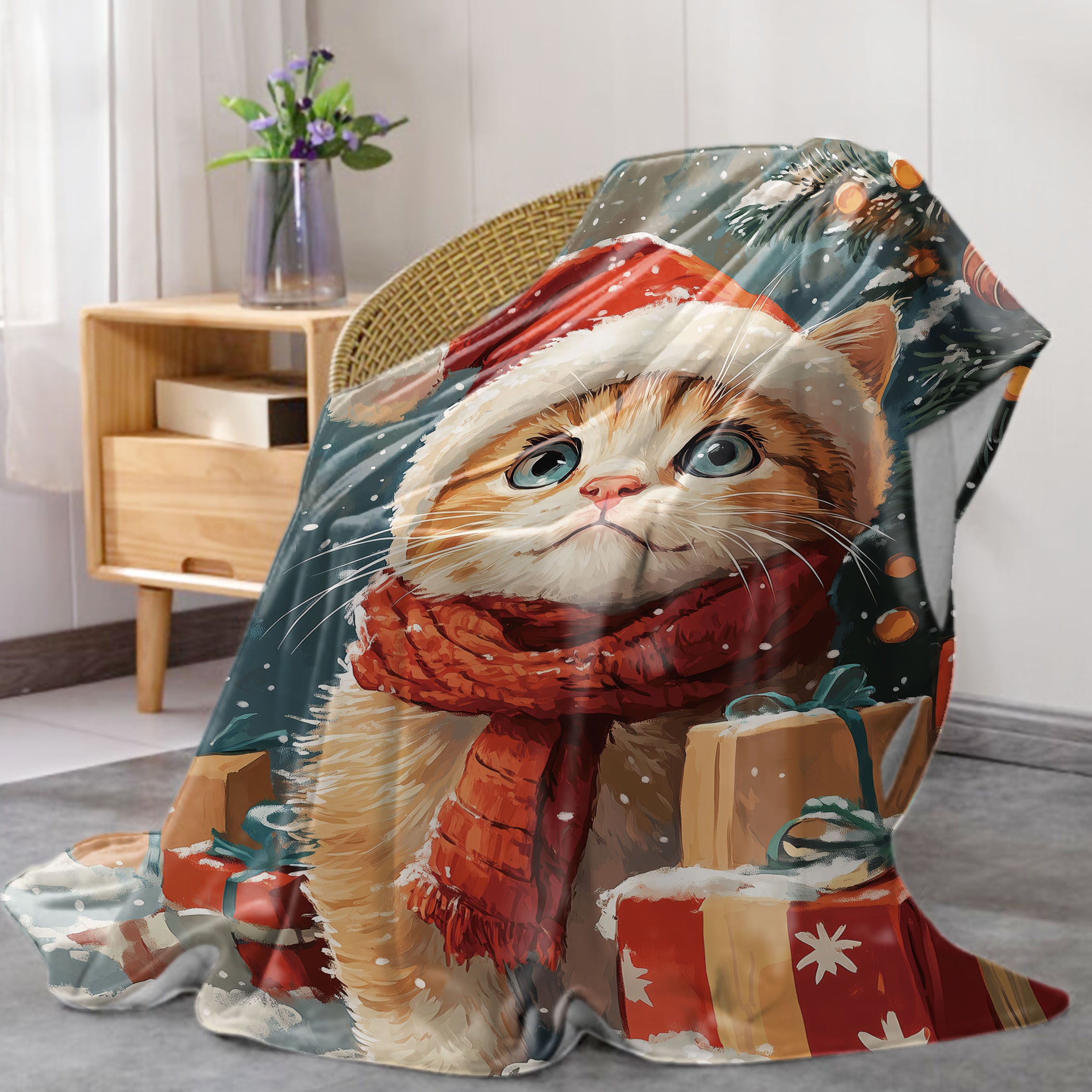 Christmas Cat Flannel Throw Blanket with Festive Gift and Tree Design for Bed Sofa or Office